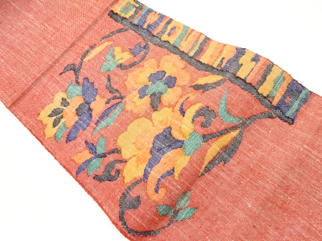 手織り紬花唐草模様織出し名古屋帯